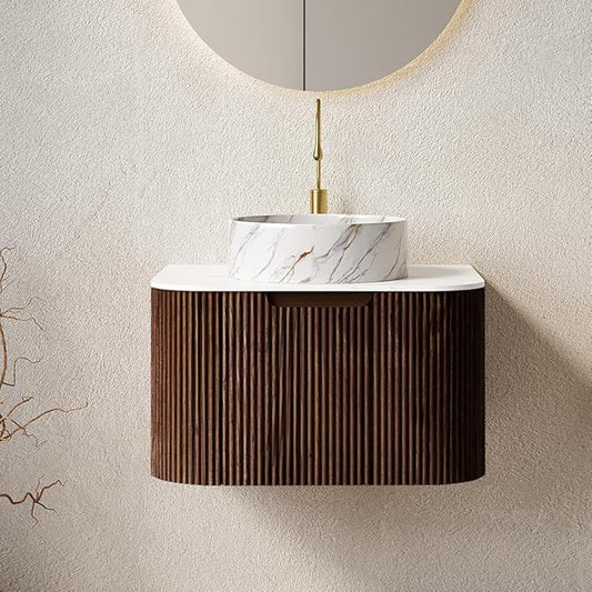 24'' Bathroom Vanities Cabinet with Sink Combo, Wall Mounted Floating Cabinet W/Curved Edges Stripes, Oak Plywood, Soft-close System with a Drawer, White Round Ceramic Basin - Kiel, Dark Walnut/S