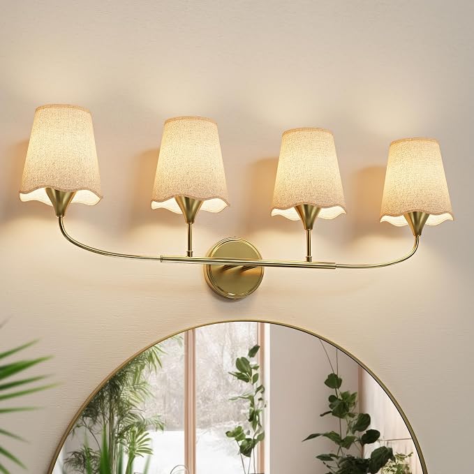 Morauroral Bathroom Light Fixtures Over Mirror, 4 Light Vanity Light for Bathroom, Gold Vanity Light Fixtures with Fabric Linen Shade, E26 Socket Sconce Wall Decor(ETL Listed)