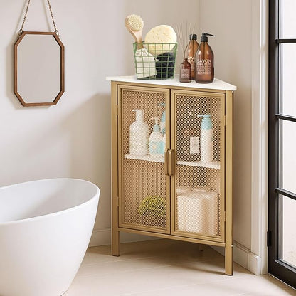 VECELO 3-Tier Corner Table,Cabinet with Mesh Door,Corner Shelf Stand,Metal Frame Storage Shelf Organizer Display Shelves for Wall Corner,Living Room,Bedroom Kitchen,Bathroom