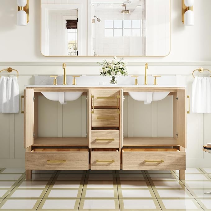 60-Inch Bathroom Vanity with Sink, Bathroom Freestanding Vanity W/ 4 Doors and 6 Drawers, Solid Wood Cabinet Vanity with Cultured Marble Countertop, Oak Vanity & Brushed Gold Handles