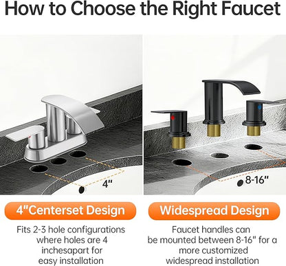 Waterfall Bathroom Faucet 3 Holes, 8 Inch Widespread Faucet 2 Handle Lead-Free Black, Bathroom Faucet with Water Supply Lines Pop Up Drain, Bathroom Basin Lavatory Mixer Tap with Deck Mount Plate