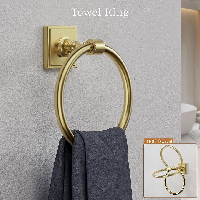 VEHCIL Brushed Gold Bathroom Towel Bar Set, 5 Piece Bathroom Hardware Accessory Set, SUS304 Stainless Steel 24" Towel Rack Holder Set for Bathroom, Wall Mounted