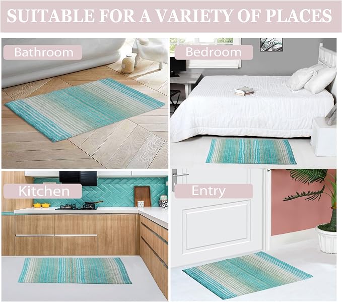 Home Weavers 100% Cotton Gradiation Collection Bathroom Décor, Washable Rug, Bathroom Mat, Kitchen Mat, Bathroom Rug Set, Bath Mat Set, Bath Floor Mat Non Slip, 3 Piece Set with Contour, Turquoise