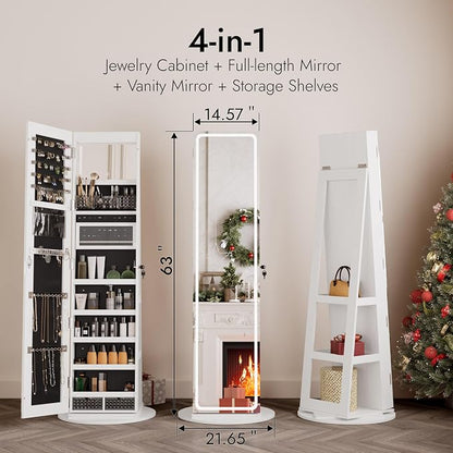 Zamildon's LED Mirror Jewelry Armoire, 360 Swivel Full Length Mirror Jewelry Cabinet, Freestanding Mirrored Jewelry Organizer with Interior LED Lights & Storage Shelves, White
