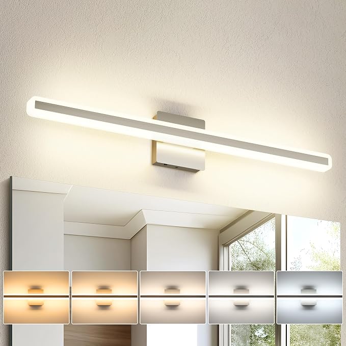 JUSHENG Brushed Nickel Vanity Lights for Bathroom, 5CCT Dimmable Vanity Light Bar, Modern LED Bathroom Lighting Fixtures Above Mirror 32'' Inch 24W