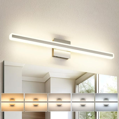JUSHENG Brushed Nickel Vanity Lights for Bathroom, 5CCT Dimmable Vanity Light Bar, Modern LED Bathroom Lighting Fixtures Above Mirror 32'' Inch 24W