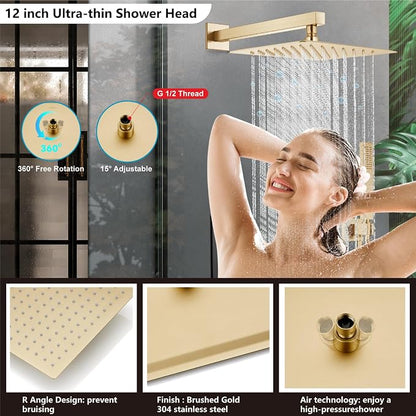 Midanya Shower Faucet Set with Handheld Sprayer,12 Inch,Brushed Gold | Rough-in Shower Valve and Trim Kit Included,Square Rain Head,Wall Mount Shower System,All Metal,Bathroom