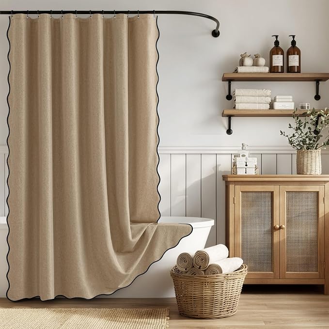 ANRODUO Khaki Scalloped Linen Textured Shower Curtain, W72 x L84 | Boho Farmhouse Shower Curtain with 12 Metal Hooks, Machine Washable Waterproof Heavy Duty Fabric for Bathroom Bathtub