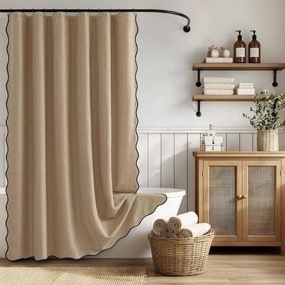 ANRODUO Khaki Scalloped Linen Textured Shower Curtain, W72 x L108 | Boho Farmhouse Shower Curtain with 12 Metal Hooks, Machine Washable Waterproof Heavy Duty Fabric for Bathroom Bathtub