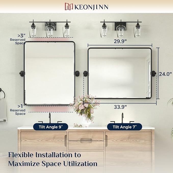 Keonjinn 24x30 Inch Black Povit Mirror for Bathroom, Tilt Mirror | Tenmpered Glass, Rectangle, Adjustable Bathroom Mirrors for Over Sink, Farmhouse, Metal Framed, Horizontal/Vertical