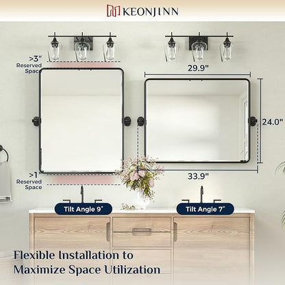 Keonjinn 24x30 Inch Black Povit Mirror for Bathroom, Tilt Mirror | Tenmpered Glass, Rectangle, Adjustable Bathroom Mirrors for Over Sink, Farmhouse, Metal Framed, Horizontal/Vertical
