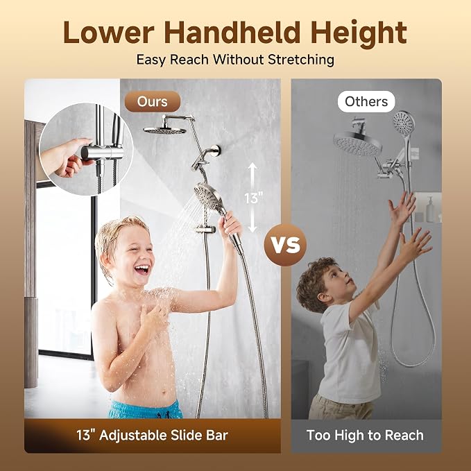 BRIGHT SHOWERS Rain Shower Head with Handheld Spray, High Pressure Dual Shower Head, Adjustable Extension Arm & Slide Bar, 9 Spray Modes Built-in Power Wash, 3-Way Diverter, 69" Hose, Brushed Nickel