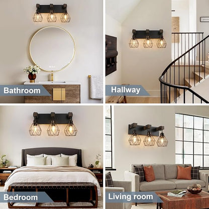 VbiTmn Black Gold Bathroom Light Fixtures, 3-Light Farmhouse Vanity Light | Wood Vanity Lights, Rustic Wall Mount Over Mirror for Bedroom & Hallway, Easy to Install, Sturdy Build for Bathroom Use