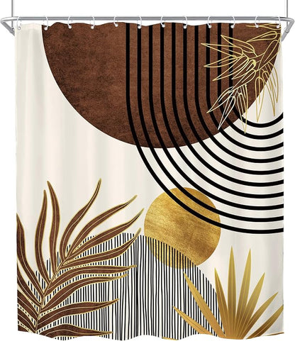 Mid Century Brown Boho Abstract Modern Retro Bathroom Shower Curtain Set | 72Wx78H Tan Gold design, waterproof HD print with fast-drying fabric and 12 hooks.
