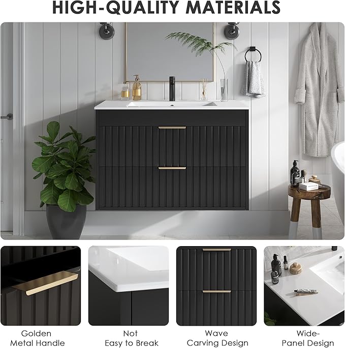30" Bathroom Vanity with Sink, Floating Bathroom Vanity with 2 Fluted Drawers & Metal Handle, Wall Mounted Cabinets with Integrated Ceramic Sink for Apartment, Home, Black