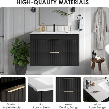30" Bathroom Vanity with Sink, Floating Bathroom Vanity with 2 Fluted Drawers & Metal Handle, Wall Mounted Cabinets with Integrated Ceramic Sink for Apartment, Home, Black