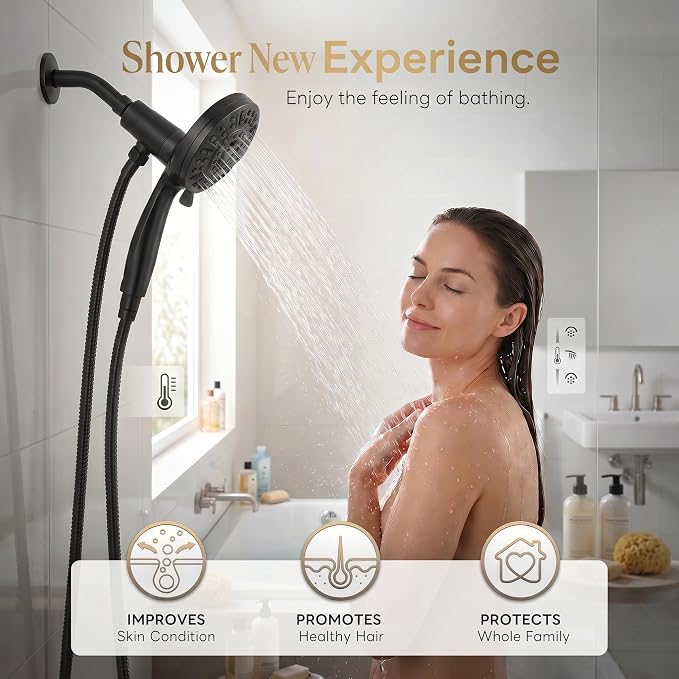 High Pressure Handheld Shower Head Matte Black- Anti-clog Nozzles, Built-in Power Wash to Clean Tub, Wall & Overhead Brackets,Magnetitc Rainfall Showerhead hand held
