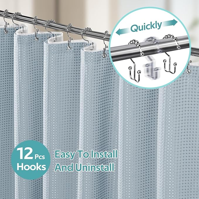 3 in 1 Shower Curtain Set, Waffle Shower Curtain and Liner Set with 12 Double Sided Shower Curtain Hooks, 258GSM Luxury Weighted Cloth Shower Curtains for Bathroom, 72 W x 72 H, Fog Blue