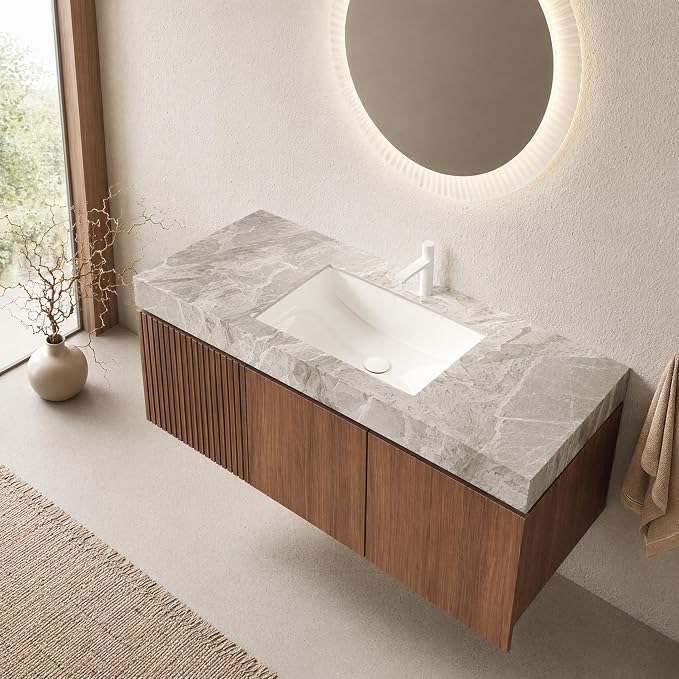 48 Inch Floating Bathroom Vanity with Sink, Modern Wall Mounted Bathroom Storage Vanity Cabinet with Sintered Stone Countertop, Brown Oak