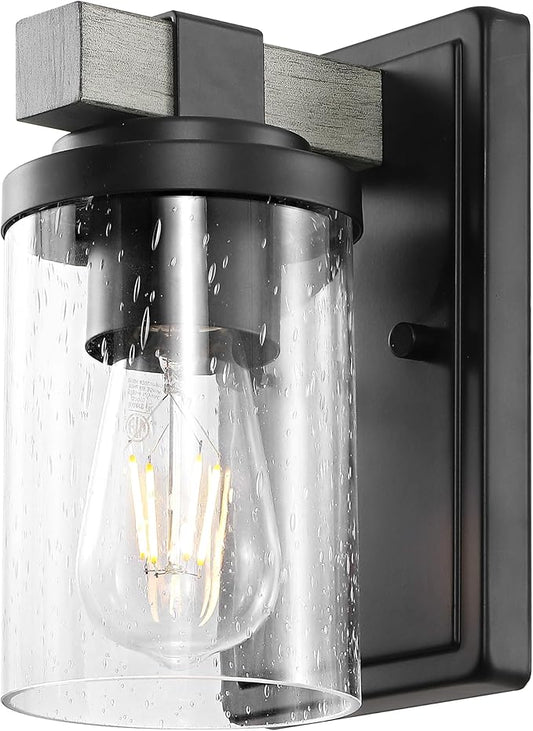 JONATHAN Y 4.5" Black/Gray Oak Wood Finish 1-Light LED Vanity Light, Rustic Farmhouse Sconce, Clear Seeded Glass Shade, Industrial Wall Lamp for Bathroom Mirror, Kitchen Sink, LED Bulb (JYL7507B)