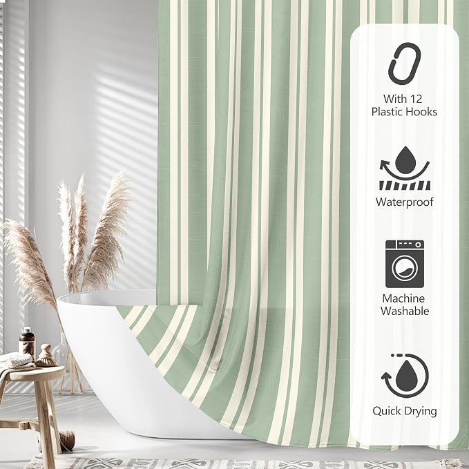 Tititex Cute Candy Cane Striped 140gsm Faux Linen Fabric Shower Curtain, Elegant Classic Sage Green Beige Shower Curtain Sets Decoration 72x78 Inch with Hooks