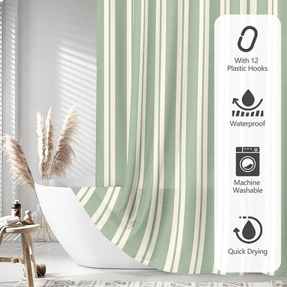 Tititex Cute Candy Cane Striped 140gsm Faux Linen Fabric Shower Curtain, Elegant Classic Sage Green Beige Shower Curtain Sets Decoration 72x72 Inch with Hooks