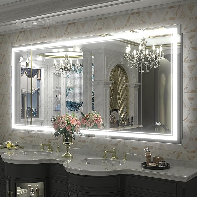 OKPAL 60x30 Lighted Bathroom Mirror, Anti-Fog LED Bathroom Mirror, Bathroom Mirror with Lights, Dimmable Lighted Vanity Mirror, Shatterproof, ETL Listed, Horizontal/Vertical