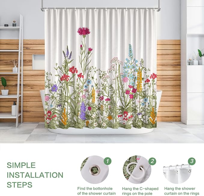Shower Curtain Floral, Summer Shower Curtain Sage Green Flowers Plant Herbs Shower curtains for Bathroom with Hooks Waterproof Washable Farmhouse Home Decor Botanical Wildflowers Bath Curtains