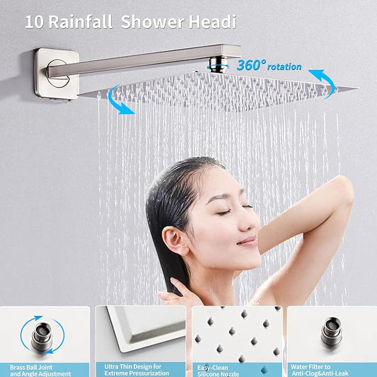 Brushed Nickel Shower Tub Faucet Set Wall Mounted 8 Inch | Shower Heads with Handheld Spray Combo and Tub Shower Faucet, Luxury Bathroom Square Rain Shower System