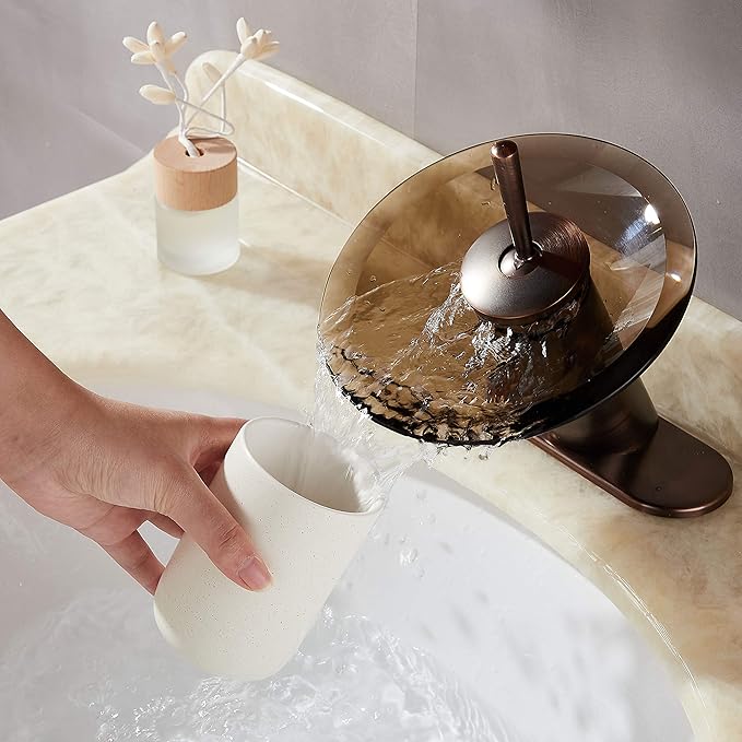 Waterfall Bathroom Sink Faucet Unique Brass Modern Circle Glass Waterfall Faucet for Basin Vanity Single Hole Pedestal Sink Faucets One Handle Corner Sink Bathroom Faucet, Oil Rubbed Bronze