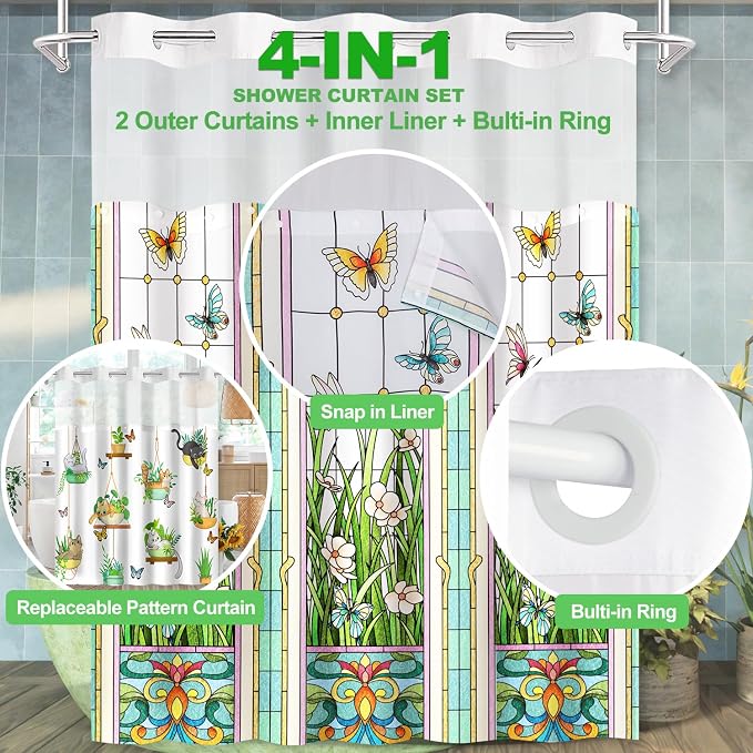 No Hook Shower Curtain Snap in Liner with 2 Replaceable Curtain Panels Pattern Waterproof Fabric Washable Shower Curtain Set for Bathroom Bathtub, Hotel Style with See Through Mesh Top Window 71 x 74"