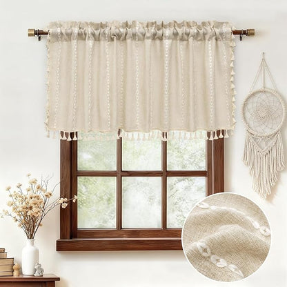 Seenus Boho Farmhouse Linen Valance Curtain, 52x18 inch Soft Light Filtering & Privacy Window Valance with Tassels for Living Room Kitchen Bathroom, Rod Pocket, Beige Cream