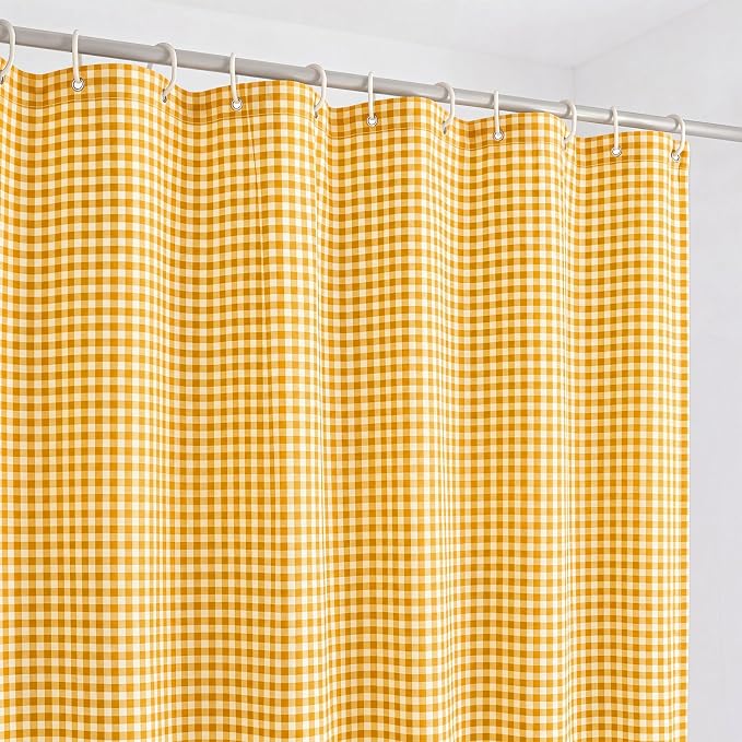 HunnmingRe Ruffle Hem Gingham Shower Curtain Yellow | 72'' x 72'' Vintage Farmhouse Curtain, Cotton Cottage Core Rural Checkered Plaid Decor, Fall Shower Curtain for Bathroom