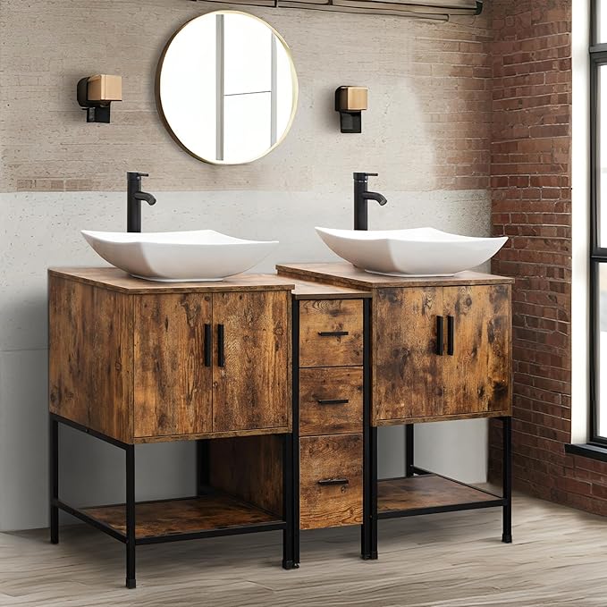 UEV Rustic Brown 60" Double Bathroom Vanity with Sink Combo,Industrial Iron Frame 2 Main Bathroom Vanity with Middle 3 Drawers Cabinet,Modern Artistic Ceramic Vessel Sink(032WH)