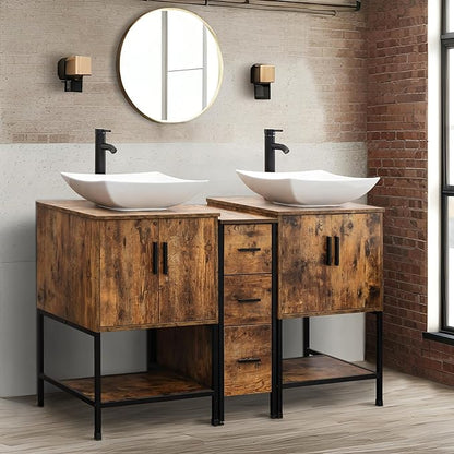 UEV Rustic Brown 60" Double Bathroom Vanity with Sink Combo,Industrial Iron Frame 2 Main Bathroom Vanity with Middle 3 Drawers Cabinet,Modern Artistic Ceramic Vessel Sink(032WH)