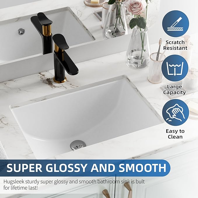 Undermount Bathroom Sink Rectangle, Hugsleek Interior Bowl Size 16 x 12 inch White Porcelain Ceramic Vessel Sink Under Counter Exterior Size 18x14in Rectangular Bath Sink Basin Lavatory Fireclay