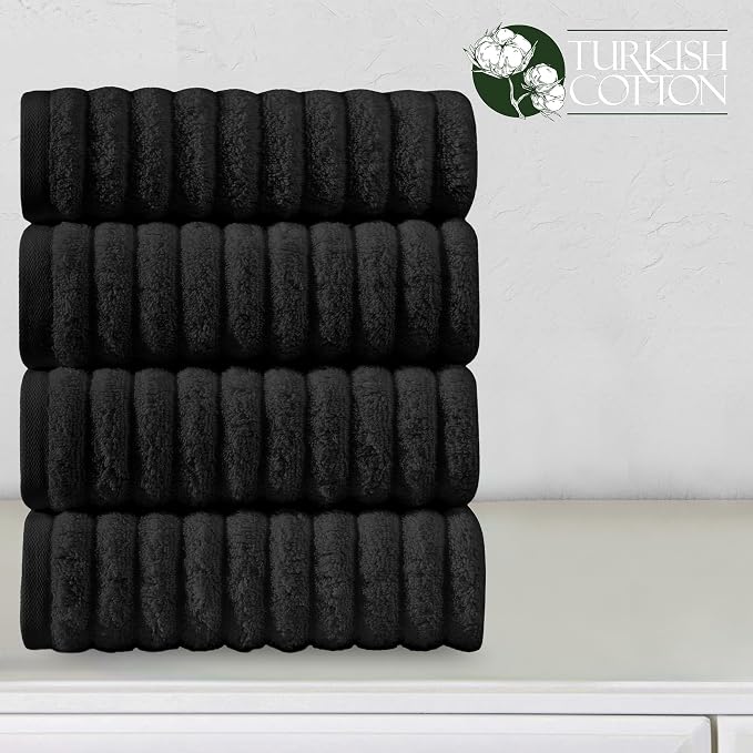 Elegant Comfort Luxury 100% Turkish Cotton Corduroy Ribbed 4 Pack Hand Towel Set 16 x 28 Inch - Absorbent, Super Soft, Quick Dry, Premium Towels for Bathroom, Gym, Spa and Hotel Use, Black