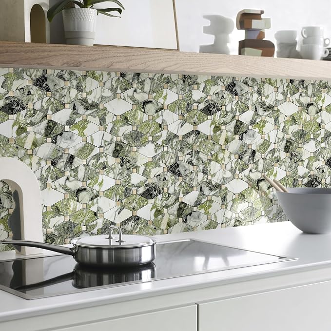STICKGOO 10 Sheets Peel and Stick Backsplash, Polished Green Marble Look PVC Mixed Metal Gold Kitchen Backsplash, Stick on Backsplash Wall Tiles for Kitchen, Bathroom, RV