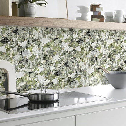 STICKGOO 10 Sheets Peel and Stick Backsplash, Polished Green Marble Look PVC Mixed Metal Gold Kitchen Backsplash, Stick on Backsplash Wall Tiles for Kitchen, Bathroom, RV
