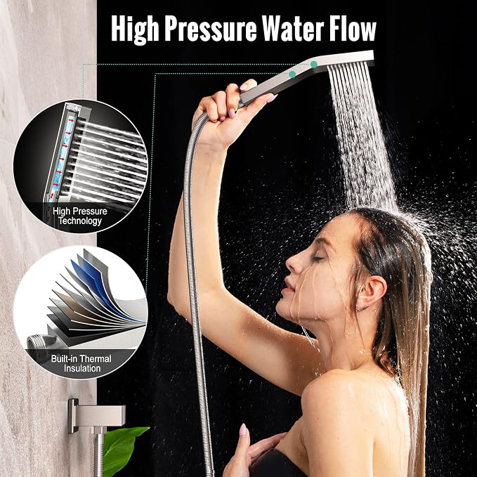 Waist Massage Spray Shower System with 6 Body Jets and Tub Spout, 12'' Rainfall Bathtub Shower System with Shower Jet, Wall Mounted Rain Shower and Handheld Shower Faucet Sets Complete, Brushed Nickel