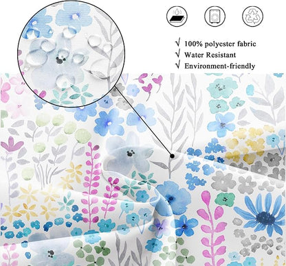 Blue Grey Floral Cute Boho Wildflower Trendy Bathroom Shower Curtain Set | 72"W x 72"H Watercolor Leaves; waterproof HD print, quick-dry fabric with 12 hooks for easy hanging.