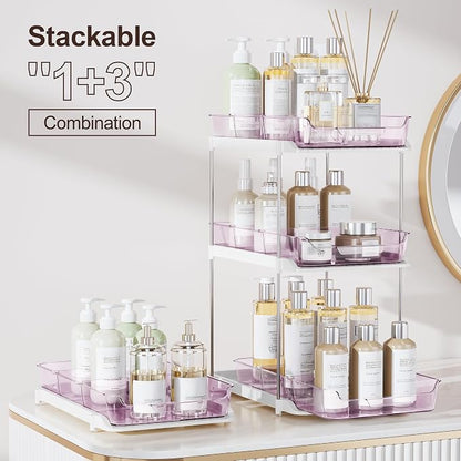 Delamu 2-Tier Multi-Purpose Bathroom Under Sink Organizers and Storage, Stackable Kitchen Pantry Organization, Pull Out Medicine Cabinet Organizer with Movable Dividers, Purple, 2 Pack