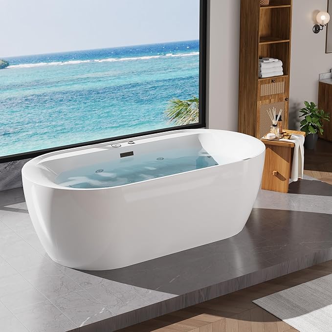 71" Freestanding Whirlpool Tub - Air Bubble & Hydro Jet,Multi-Color LED Mood Lighting & Massage Jets - White Acrylic Soaking Bathtub for Home Spa