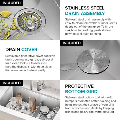 Kraus Kitchen Sinks Undermount - 32 Inch Stainless Steel Kitchen Sink, 60/40 Double Bowl, 16 Gauge, Model KHU103-32