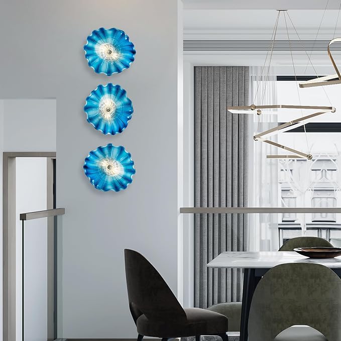 Blue Glass Wall Light Dia 12" Wall Lamp with Murano Glass Shade Vintage Vanity Lighting Fixture with Metal Base Flush Mount Wall Sconce 2-Light for Bathroom, Bedroom, Bedside, Entryway