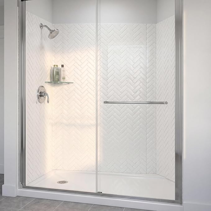 From Plain To Beautiful In Hours 133-HERR-KIT Herringbone Tile Tub and Shower Wall Panels Surround, Gloss White, 96 Square Feet