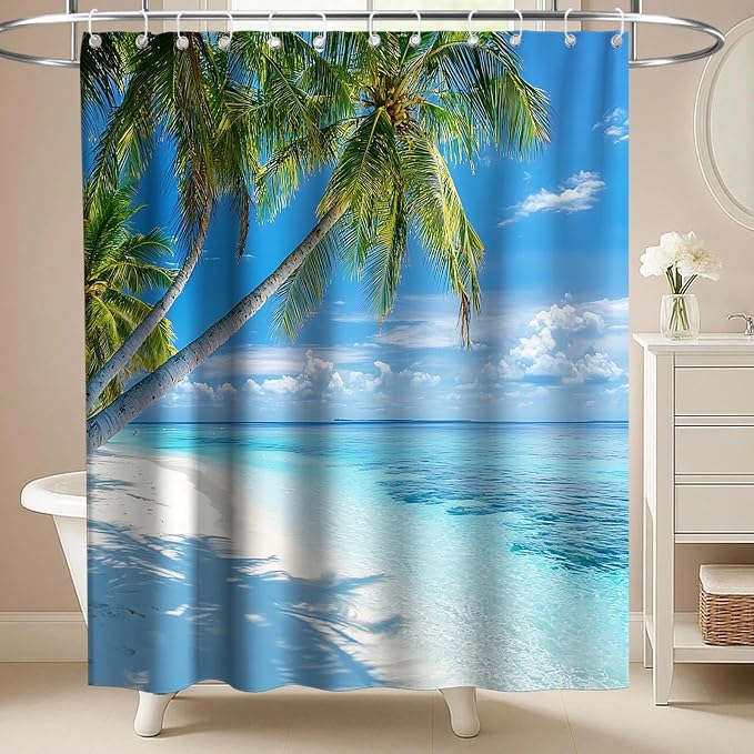 Beach Modern Ocean Shower Curtain, Rustic Coastal Nautical Palm Tree Shower Curtains for Bathroom, Waterproof Bath Curtain with Hooks Machine Washable Bathtub Curtains 72x72 Inch Green Blue
