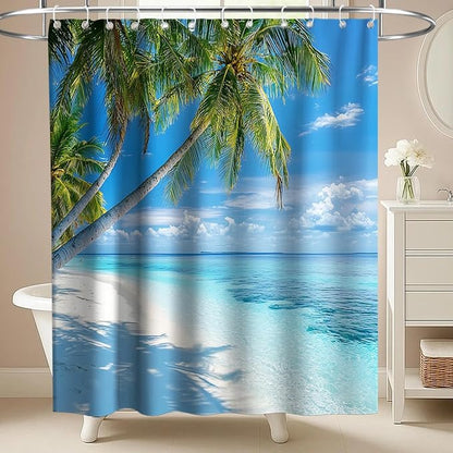 Beach Modern Ocean Shower Curtain, Rustic Coastal Nautical Palm Tree Shower Curtains for Bathroom, Waterproof Bath Curtain with Hooks Machine Washable Bathtub Curtains 72x72 Inch Green Blue