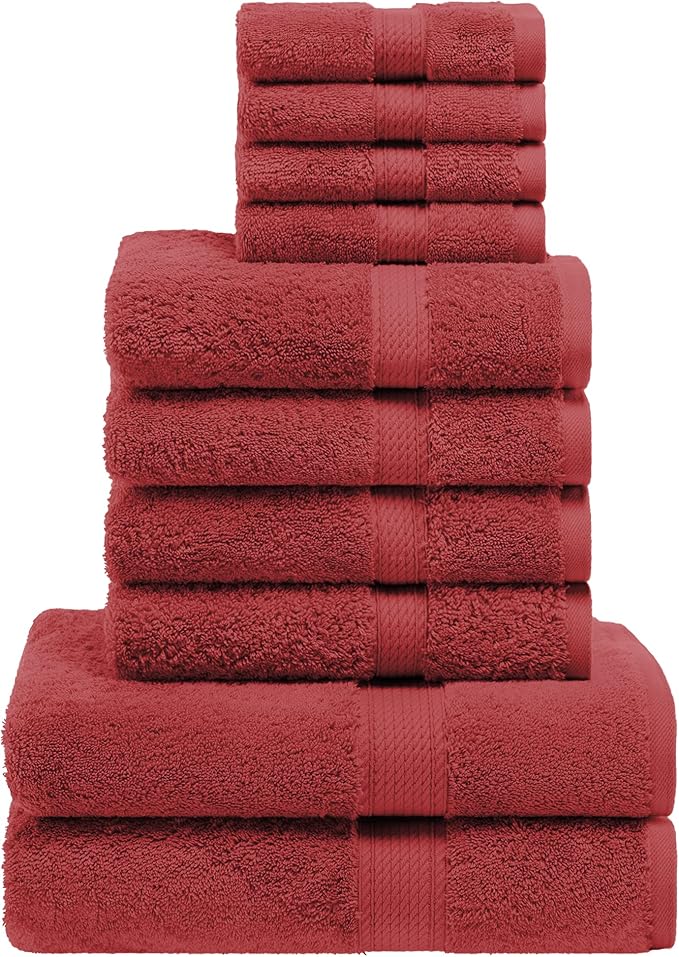 Superior Egyptian Cotton Ultra Plush & Absorbent, 10 Piece Set, Red | Quick Dry, Soft Luxury Towel Set, Bath Essentials, Guest Bath, Spa, 2 Bath, 4 Hand, 4 Face Towels, Madeline Towels