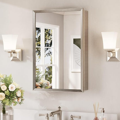 Keonjinn Medicine Cabinet Mirror 16" x 24", Assembly Required, Brushed Nickel Medicine Cabinet with Mirror for Bathroom, Beveled Framed, Wall-Mounted or Recessed, Stepless Adjustable Shelves